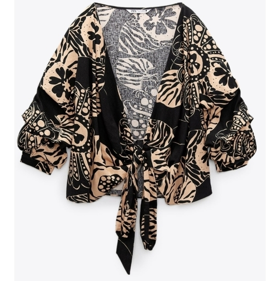 Zara printed linen Blend Wrap Style top - Picture 2 of 7
